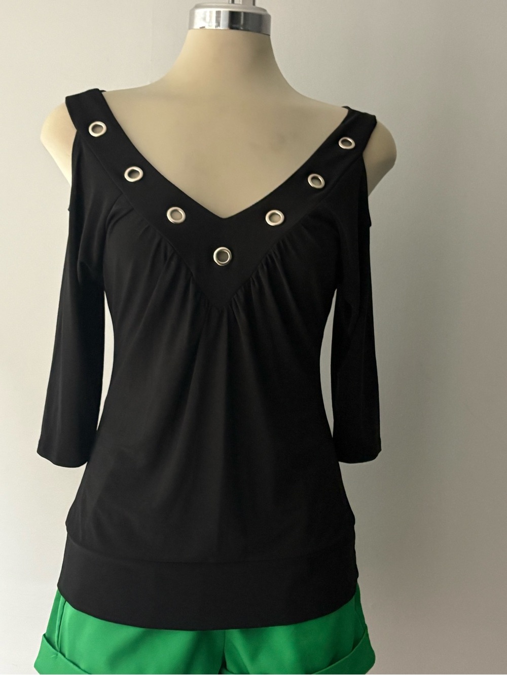 Cold-Shoulder V-Neck Top with Grommet Detail - Black